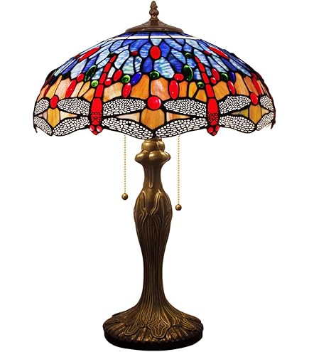 WERFACTORY Tiffany Lamp Blue Red Stained Glass Dragonfly
